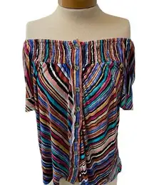 Off cold shoulder elastic neckline fiesta festive stripe rayon flowy button top