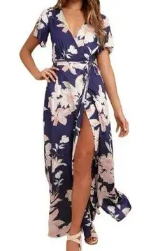 Mahina Hawaii Boutique Floral Back Cut Out Flutter Sleeves Wrap Maxi Dress S