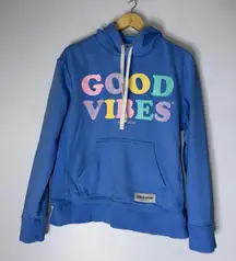 Life Is‎ Good Good Vibes Blue Hooded Pull Over Sweatshirt Medium
