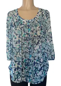 ELLE Blue Floral Chiffon Blouse Size M Sheer Button Front