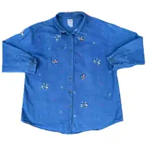 Disney Mickey Mouse Minnie Donald Duck Daisy Blue Denim Floral Button Up T-shirt