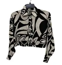 Magaschoni Black & White Floral Linen Cropped Jacket Top Womens Size Small Boxy
