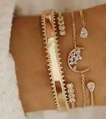 NEW Gold Plated‎ CZ Bracelet Set - 4 Moon Boho Cuff Bangle Chain Jewelry
