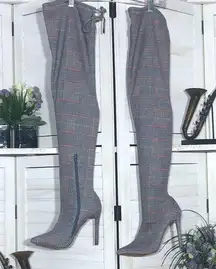 Y2K style over the knee boots plaid grayred stretchy wide calf Forever 21 Sz 7