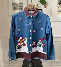 Vintage Dressbarn Chambray Denim Snowman Applique Embroidered Shirt M