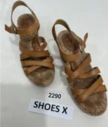 Womans Boc Brown Leather Strappy Open Toe Sling Back Wedge Sandal Size 7