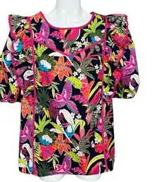 Belk Tropical Birds Floral Print Puff Sleeves with Ruffles Top XL