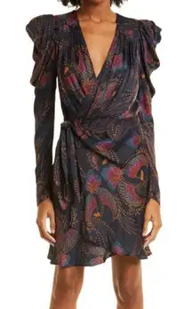 Farm Rio Sequin Toucan Mini Wrap Dress Beaded Belt Puff Sleeve Black Size M NWT