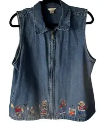 Christopher Banks Vintage 90s Denim Vest Embroidered Teddy Bears Fall Autumn  L