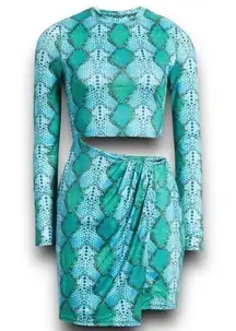 AFRM Snakeskin Print Cutout Bodycon Mini Dress Long Sleeve Blue Green Medium