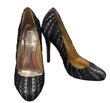 Badgley Mischka Black & Nude Lace Closed Toe 5" Stiletto Heel Pumps Size 8.5