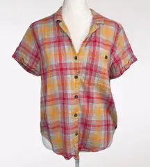 Toad&Co Organic Cotton Plaid Button Front Shirt Red Yellow Small