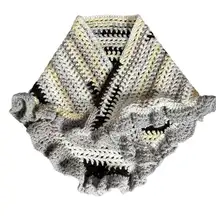 Handmade Black Grey White Crochet Knit Shawl Wrap With Ruffled Edges Soft NEW