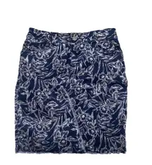 Blue Eclipse Mar-A-Sketch White Floral Short Raw Hem Denim Skirt