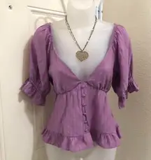 Lightweight Purple blouse sweetheart neckline ruffle hem puff sleeves Tie Back