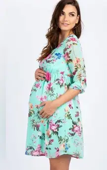 Large Chiffon Mint Floral Print Maternity Dress