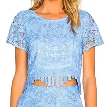 Lovers & Friends Daycation Lace Embroidered Boho Crop Top in Crystal Blue XS