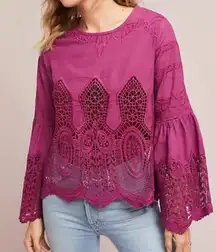 Anthropologie Chloe Oliver Lace Top Embroidered Bell Sleeve Blouse Sz Lg Shirt