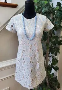 Dee Elle Blue Cream Lace Floral Short Sleeve Knee Length Shift Dress Size Small