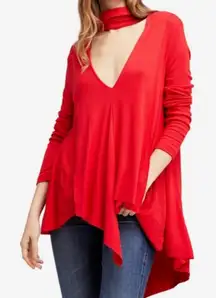 Free People Uptown Turtle Red Asymmetrical Hem Ribbed Knit Size Large