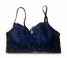 Adore Me Bra Sz 34DDDD/34G Pacchi Black/Blue Lace Bralette Feminine Sexy Fairy