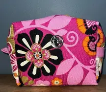 Spartina 449 make up bag zip up pink floral pouch inside some wear on bottom