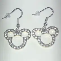 Disney Mickey Mouse Cutout CZ Rhinestones Silver Tone Boho Pierced Earrings
