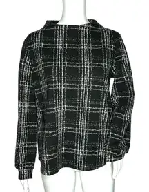 W5 Knit Top Black White Plaid Long Sleeve Wide Mock Neck‎ Exposed Back Zip
