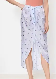Loft Beach L Blue White Floral Faux Wrap Midi Skirt Tie Knot