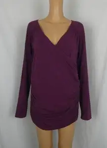 Garnet Hill Juliet Faux Wrap V Neck Draped Ruched Long Sleeve Blouse Top Purple