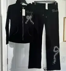 NWT BCBGMaxAzria Cotton Rhinestones Bows Hoodie Track Suit 2-Piece Blk/Silver XL