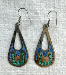 Vintage Alpaca Mexico Teardrop Earrings Blue Green Inlay Southwestern Turquoise