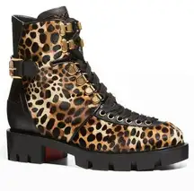 Christian Louboutin Macademia Leopard-Print Calf Hair Snake Moto Combat Booties