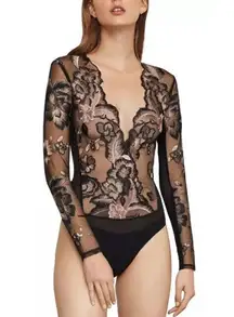 BCBGMAXAZRIA Sheer Embroidered Mesh Bodysuit Shimmery Golden Floral Sz XS