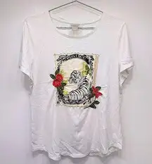 Chico’s Creamy Ivory Tee with Tiger Postage Stamp Appliqué & Embroidered Flowers