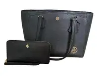 Women's AUTH Tory Burch Black Leather Emerson Top Zip Tote & Matching Wallet EUC