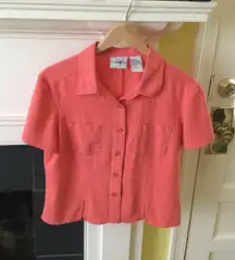 Vintage Studio Ease Linen Blend Button Up Short Sleeve Top Coral Pink - Sz 10
