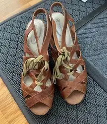 Cognac Luggage Leather Strappy Caged Peeptoe Wedge Sandals Size 6