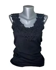 Winwin  Chunky Lace Sleeveless Black Ribbed Tank Top Size S M Small Medium