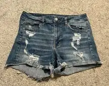 AMERICAN EAGLE Super Stretch Hi-Rise Shortie Ripped Denim Jean Shorts Cuffed 12