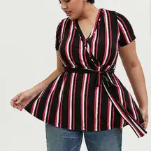 Torrid Black Stripe Wrap Style Short Sleeve Top Missing Belt N17
