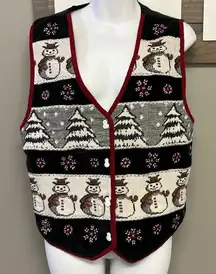 TanTrums Vintage Black Button Up Snowman Tree Snowflake Vest- Large