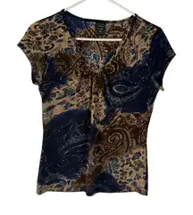 Suzie in the City Y2k Paisley Print V Neck Short Sleeve Top M Brown Blue Boho