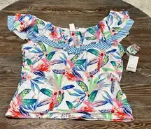 Outdoor Oasis Lined Tankini Ruffle Swim Top Only - White Tropical - XXL - NWT