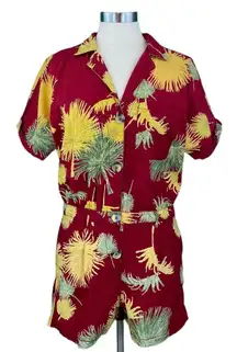 Malibu Red Floral Hawaiian Boho Button Down Romper