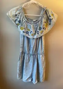 Off the shoulder Jean romper with flower embroidery on the top with pockets