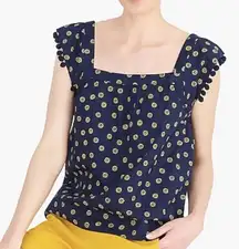 J. Crew Navy Blue and Yellow Printed Cotton Poplin Square-Neck Pom-pom Top