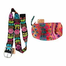 Natural Life NWT Colorful Neoprene Cosmetic Bag Black Floral Embroidered Belt