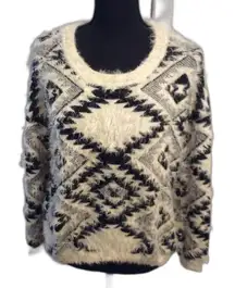 Dex Fuzzy Sweater Black Cream Large L Aztec Tribal Print Eyelash Knit