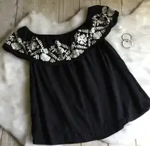 Black & Ivory Ruffle Embroidered Top